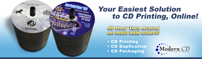 Your Easiest Solution to CD Printing, Online! Modern CD offers your professional CD Printing Services, CD Duplication and CD Packaging. Getting CD's printed is easy with Modern CD.